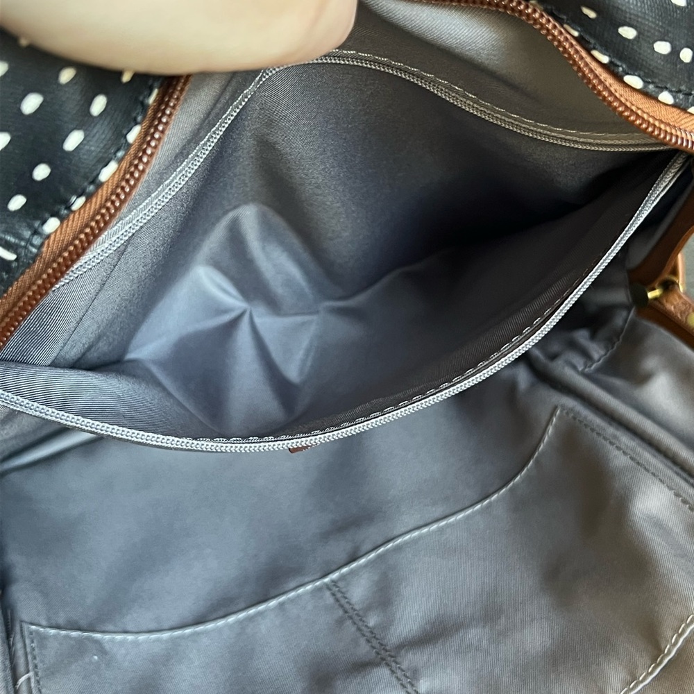 Fossil Black and White Polka Dot Backpack with Brown Accents - Picture 6 of 14